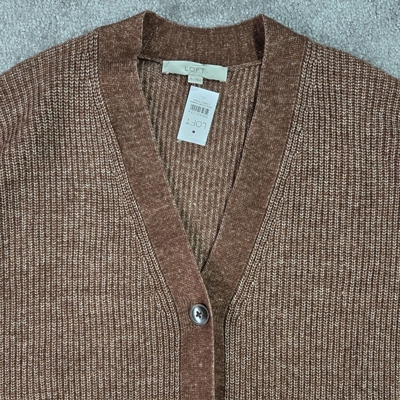 LOFT NWT Brown Red Ribbed V-Neck Cardigan Drop Shoulders Cozy Soft - Picture 5 of 9